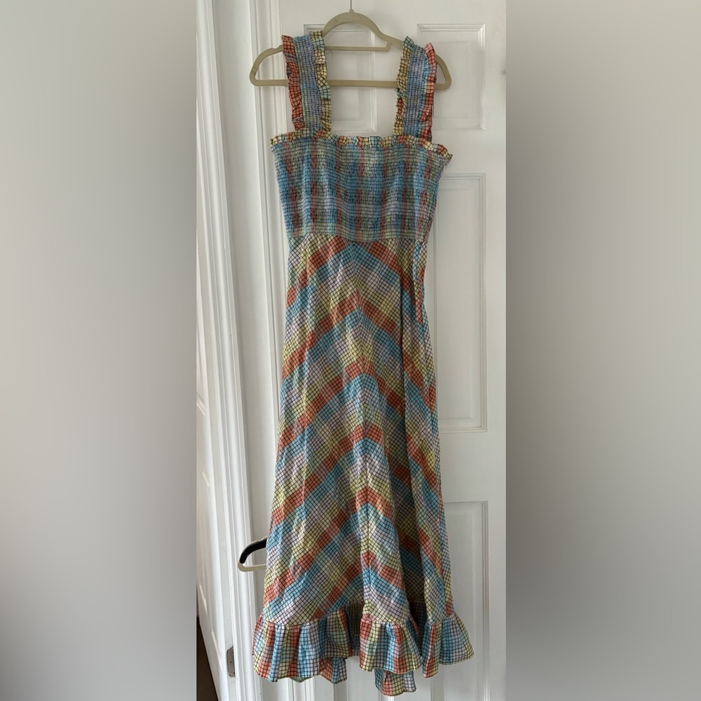 Ganni Blue and Orange Smocked Maxi Sundress